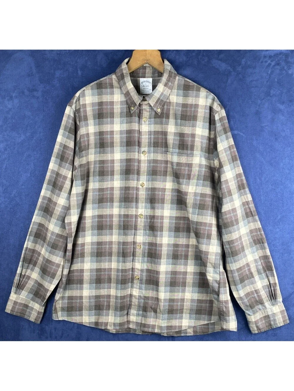Brooks Brothers Button Down Long Sleeve Shirt Sz L Regent Brown Plaid Cotton